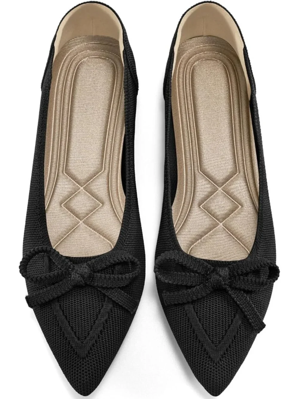 Women's Black Ballet Flats Shoes Dressy Pointed Toe Bow Knit Flats Comfortable